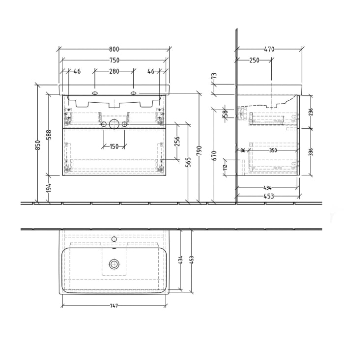 Sanipa 3way-Struktur Keramikwaschtisch ProSmart mit Waschtischunterschrank 80 x 47 cm, 2 Auszüge