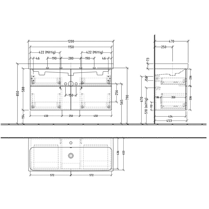 Sanipa 3way-Struktur Keramikwaschtisch ProSmart mit Waschtischunterschrank 120 x 47 cm, 4 Auszüge