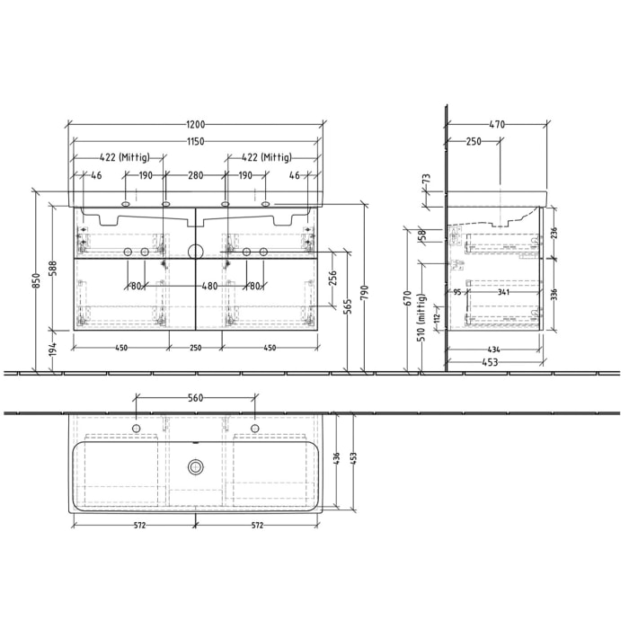 Sanipa 3way-Struktur Keramik-Doppelwaschtisch ProSmart mit Waschtischunterschrank 120 x 47 cm, 4 Auszüge