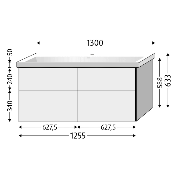 Sanipa 3way Keramik Doppelwaschtisch Subway 3.0 mit Waschtischunterschrank 130 x 47 cm, mit 4 Auszügen