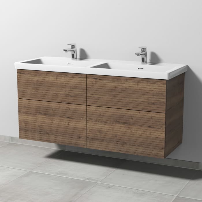 Sanipa 3way-Struktur Keramik-Doppelwaschtisch Subway 3.0 mit Waschtischunterschrank 130 x 47,5 cm, mit 4 Auszügen