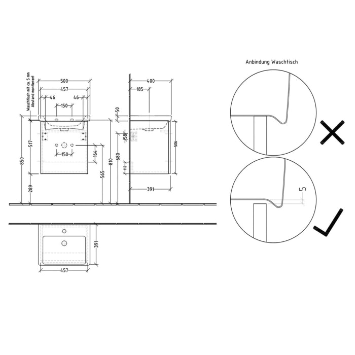 Sanipa 3way-Struktur Keramikwaschtisch Subway 3.0 mit Waschtischunterschrank 50 x 40 cm, Türanschlag rechts
