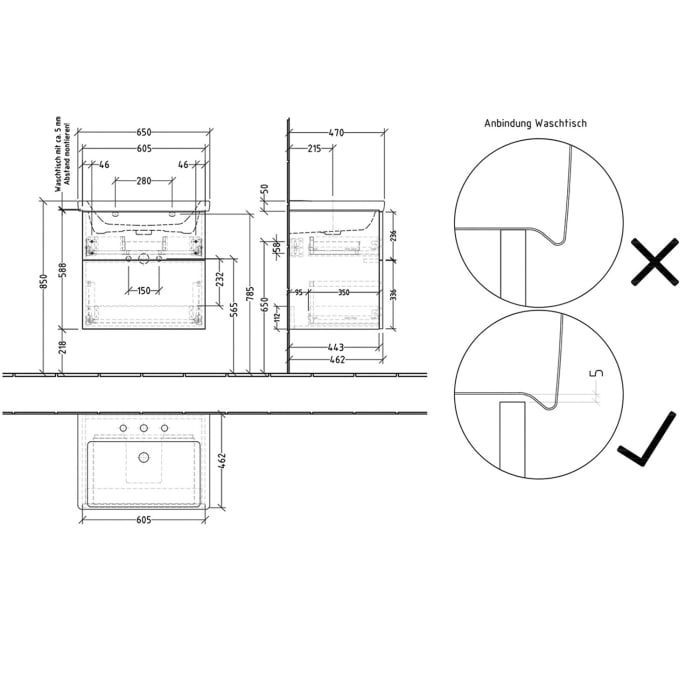 Sanipa 3way-Struktur Keramikwaschtisch Subway 3.0 mit Waschtischunterschrank 65 x 47 cm, mit 2 Auszügen