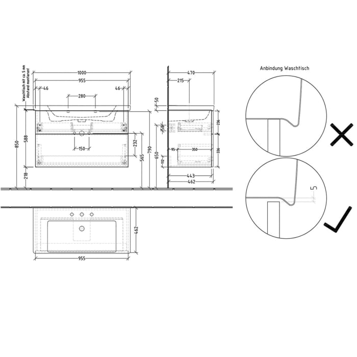 Sanipa 3way-Struktur Keramikwaschtisch Subway 3.0 mit Waschtischunterschrank 100 x 47 cm, mit 2 Auszügen