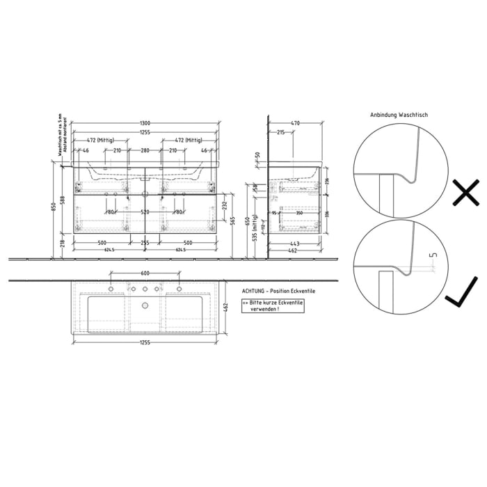 Sanipa 3way-Struktur Keramik-Doppelwaschtisch Subway 3.0 mit Waschtischunterschrank 130 x 47 cm, mit 4 Auszügen