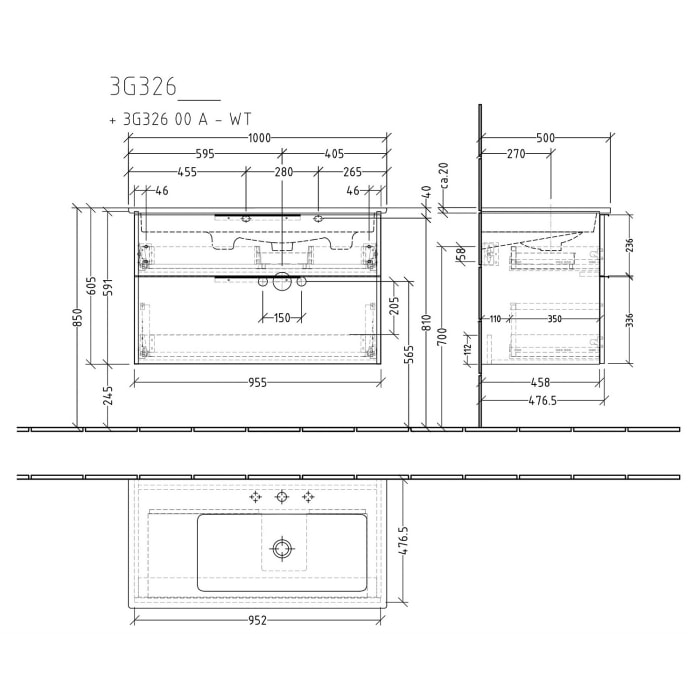 Sanipa 3way Kombination mit Keramikwaschtisch Venticello 100 cm, 2 Auszüge mit Aufsatz-Griff