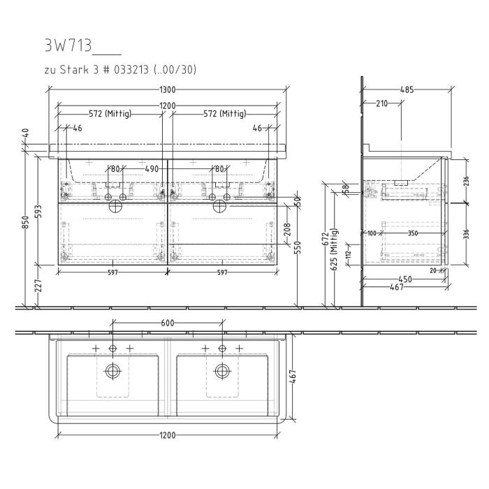 Sanipa 3way Waschtischunterbau für Keramik-Doppelwaschtisch Starck 3 130 cm, 4 Auszüge mit Griffleisten