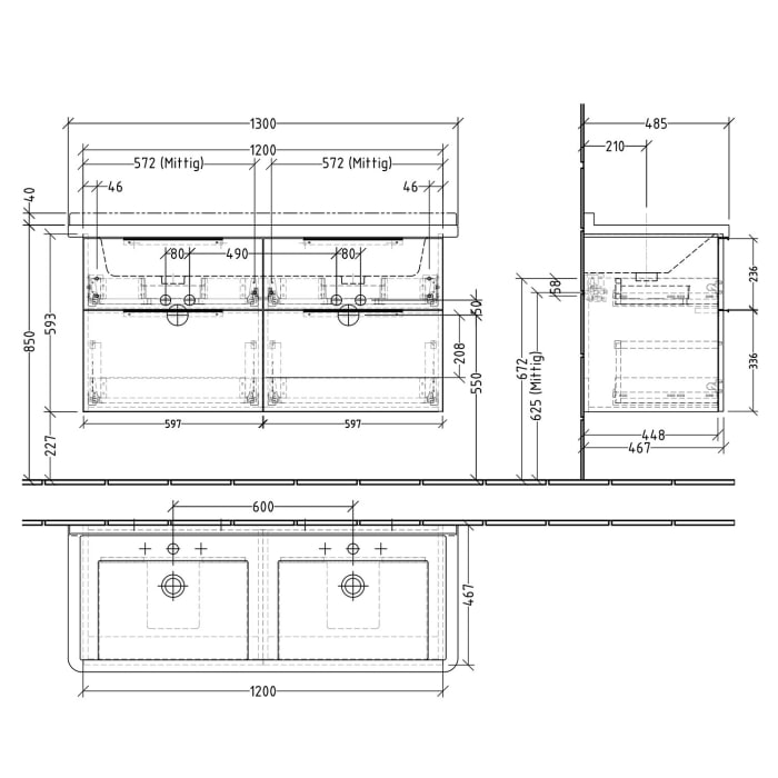 Sanipa 3way Waschtischunterbau für Keramik-Doppelwaschtisch Starck 3 130 cm, 4 Auszüge mit Aufsatzgriff