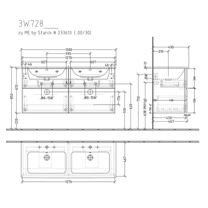Sanipa 3way Waschtischunterbau für Keramik-Doppelwaschtisch ME by Starck 130 cm, 4 Auszüge mit Aufsatzgriff