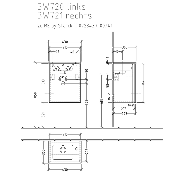 Sanipa 3way Waschtischunterbau für Keramik-Waschtisch ME by Starck 43 cm, 1 Tür, Anschlag rechts, mit Griffleiste