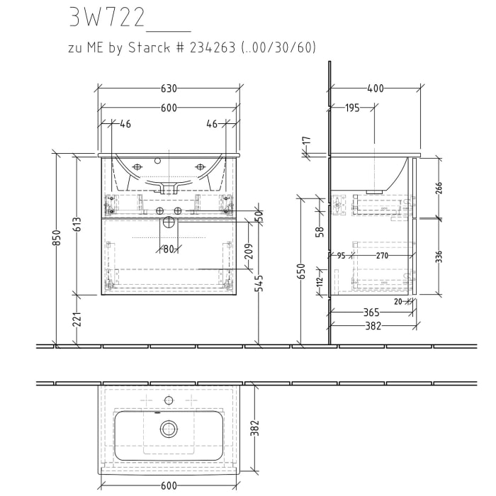Sanipa 3way Waschtischunterbau für Keramik-Waschtisch ME by Starck 63 cm, 2 Auszüge mit Griffleisten, geringere Tiefe