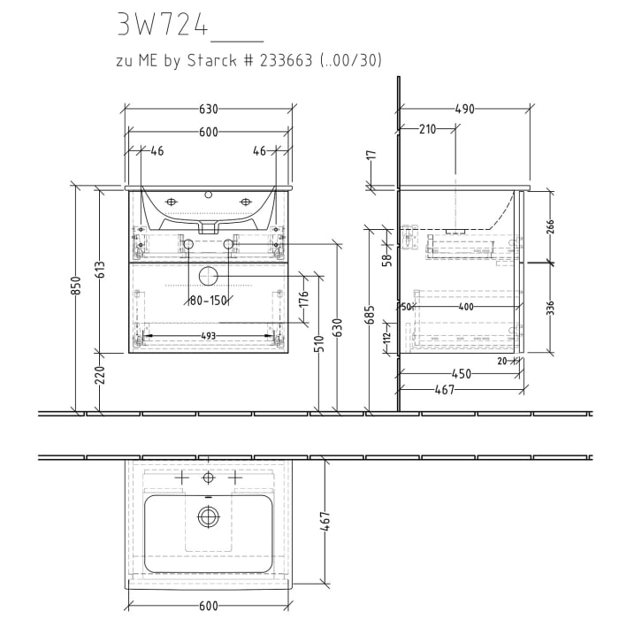 Sanipa 3way Waschtischunterbau für Keramik-Waschtisch ME by Starck 63 cm, 2 Auszüge mit Griffleisten