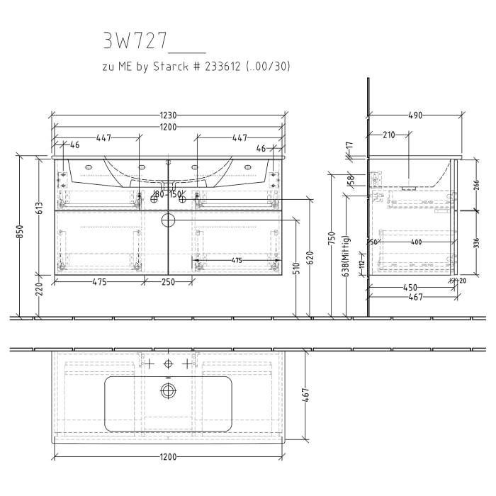 Sanipa 3way Waschtischunterbau für Keramik-Waschtisch ME by Starck 123 cm, 4 Auszüge mit Griffleisten