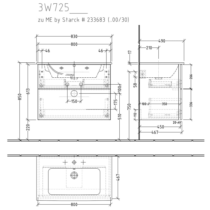 Sanipa 3way Waschtischunterbau für Keramik-Waschtisch ME by Starck 83 cm, 2 Auszüge mit Griffleisten