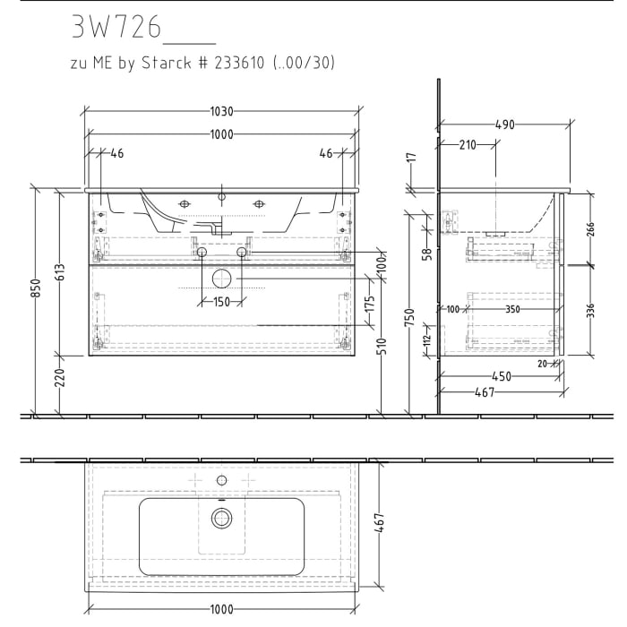 Sanipa 3way Waschtischunterbau für Keramik-Waschtisch ME by Starck 103 cm, 2 Auszüge mit Griffleisten