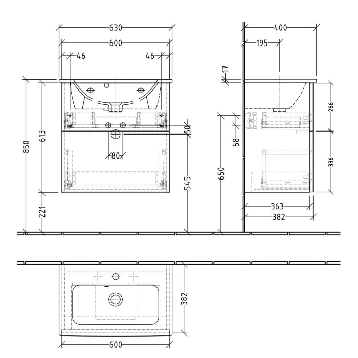 Sanipa 3way Waschtischunterbau für Keramik-Waschtisch ME by Starck 63 cm, 2 Auszüge mit Push to open, geringere Tiefe