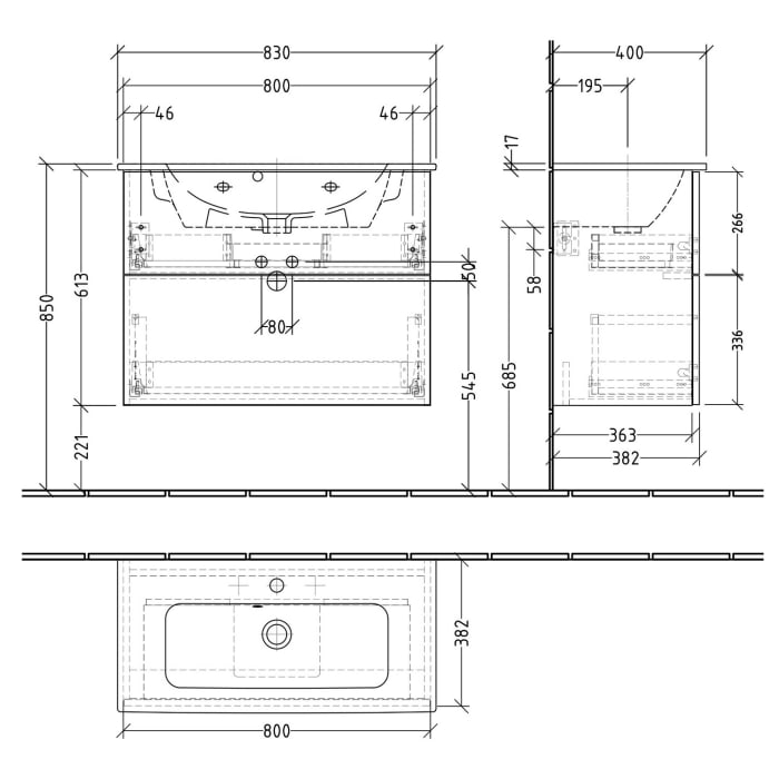 Sanipa 3way Waschtischunterbau für Keramik-Waschtisch ME by Starck 83 cm, 2 Auszüge mit Push to open, geringere Tiefe