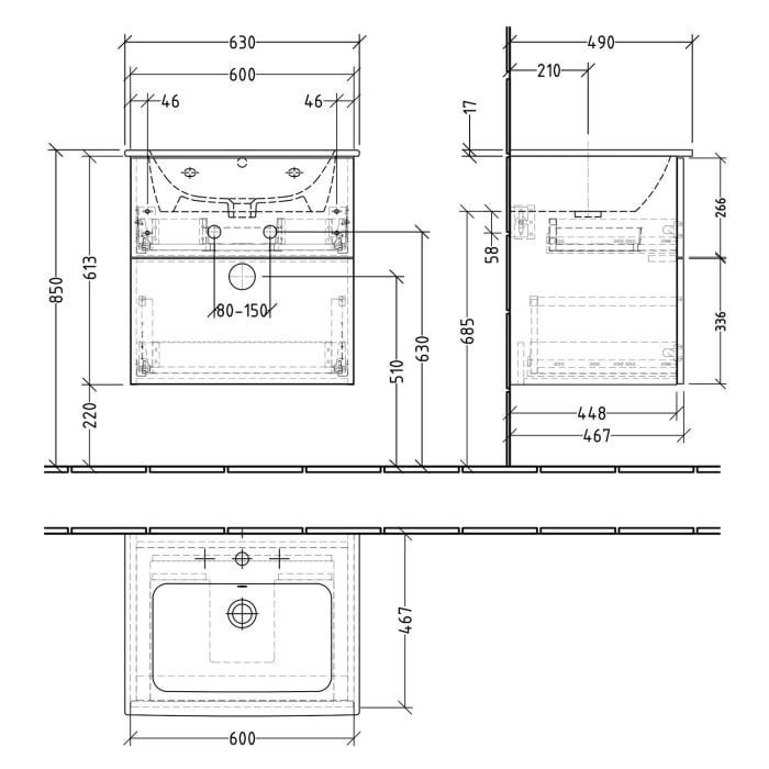 Sanipa 3way Waschtischunterbau für Keramik-Waschtisch ME by Starck 63 cm, 2 Auszüge mit Push to open