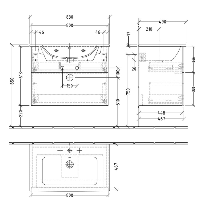 Sanipa 3way Waschtischunterbau für Keramik-Waschtisch ME by Starck 83 cm, 2 Auszüge mit Push to open