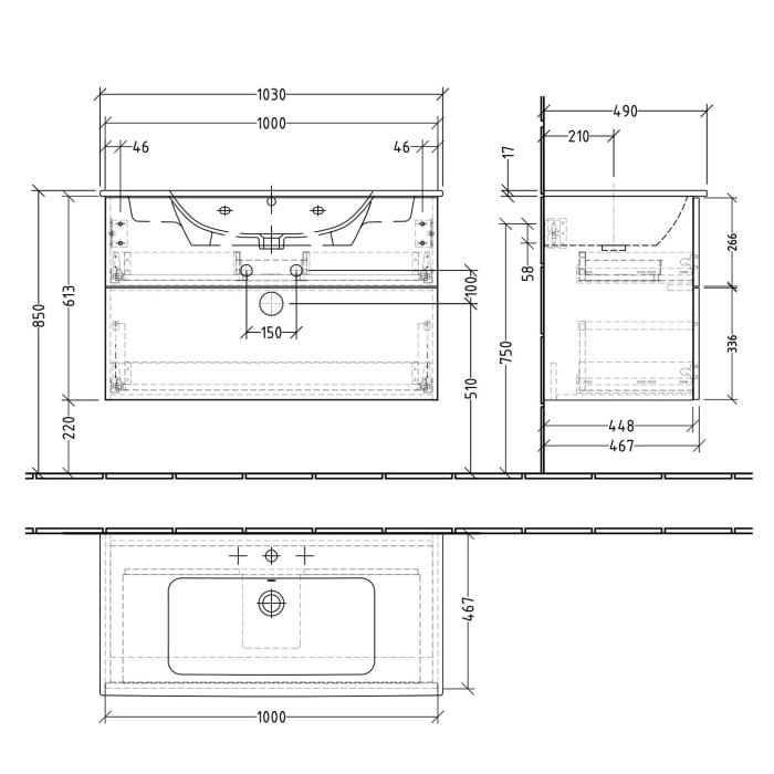 Sanipa 3way Waschtischunterbau für Keramik-Waschtisch ME by Starck 103 cm, 2 Auszüge mit Push to open
