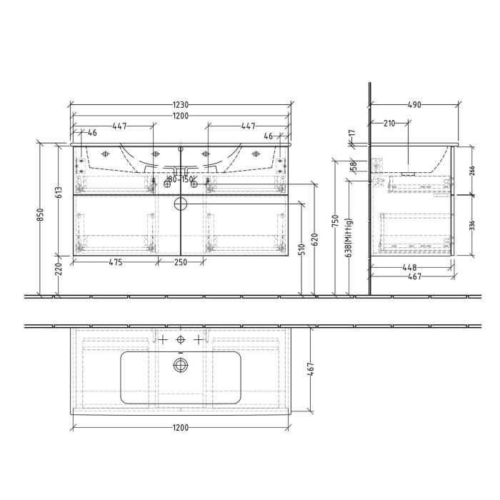 Sanipa 3way Waschtischunterbau für Keramik-Waschtisch ME by Starck 123 cm, 4 Auszüge mit Push to open