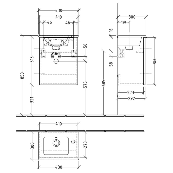 Sanipa 3way Waschtischunterbau für Keramik-Waschtisch ME by Starck 43 cm, 1 Tür, Anschlag rechts, mit Aufsatzgriff