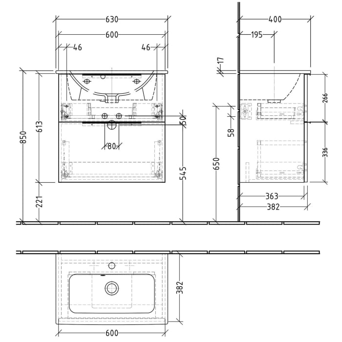 Sanipa 3way Waschtischunterbau für Keramik-Waschtisch ME by Starck 63 cm, 2 Auszüge mit Aufsatzgriff, geringere Tiefe