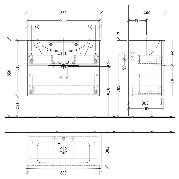 Sanipa 3way Waschtischunterbau für Keramik-Waschtisch ME by Starck 83 cm, 2 Auszüge mit Aufsatzgriff, geringere Tiefe
