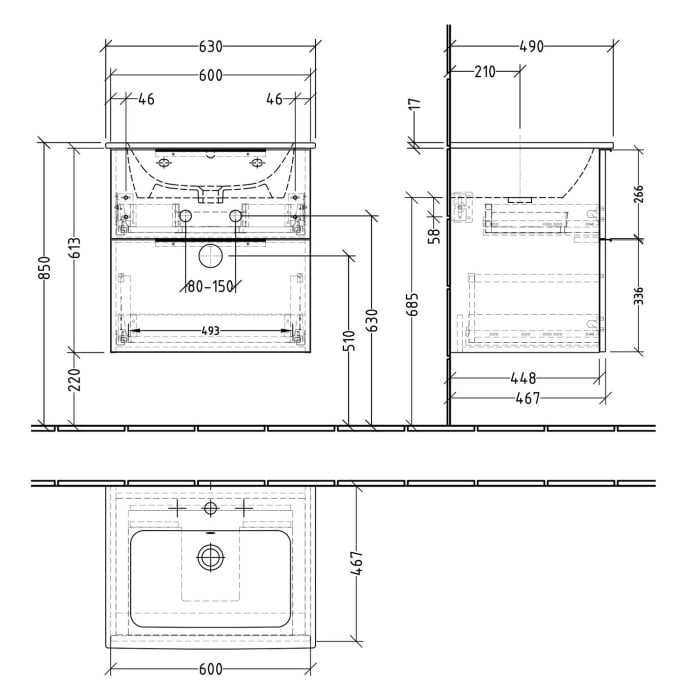 Sanipa 3way Waschtischunterbau für Keramik-Waschtisch ME by Starck 63 cm, 2 Auszüge mit Aufsatzgriff