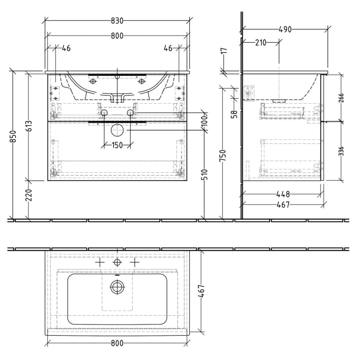 Sanipa 3way Waschtischunterbau für Keramik-Waschtisch ME by Starck 83 cm, 2 Auszüge mit Aufsatzgriff