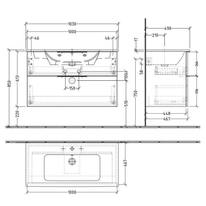 Sanipa 3way Waschtischunterbau für Keramik-Waschtisch ME by Starck 103 cm, 2 Auszüge mit Aufsatzgriff