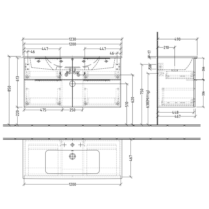Sanipa 3way Waschtischunterbau für Keramik-Waschtisch ME by Starck 123 cm, 4 Auszüge mit Aufsatzgriff