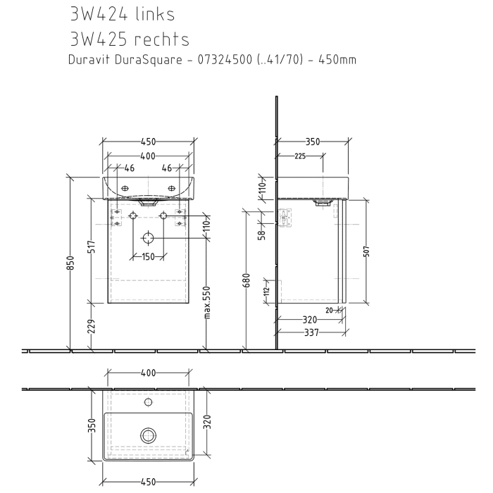 Sanipa 3way Waschtischunterbau für Keramik-Waschtisch Dura Square 45 cm, 1 Tür, Anschlag rechts, mit Griffleiste