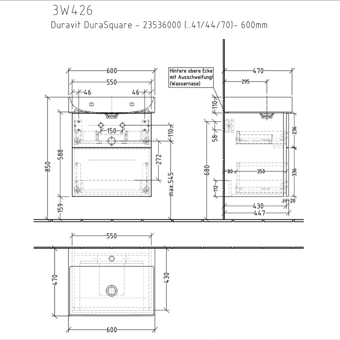 Sanipa 3way Waschtischunterbau für Keramik-Waschtisch Dura Square 60 cm, 2 Auszüge mit Griffleisten
