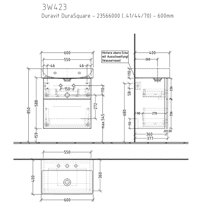 Sanipa 3way Waschtischunterbau für Keramik-Waschtisch Dura Square 60 cm, 2 Auszüge mit Griffleisten, geringere Tiefe