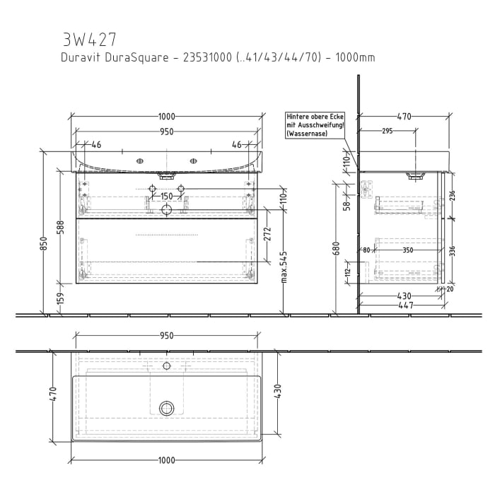 Sanipa 3way Waschtischunterbau für Keramik-Waschtisch Dura Square 100 cm, 2 Auszüge mit Griffleisten