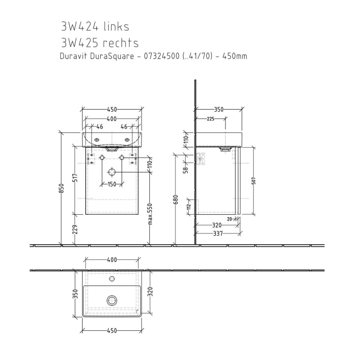 Sanipa 3way Waschtischunterbau für Keramik-Waschtisch Dura Square 45 cm, 1 Tür, Anschlag rechts, mit Griffleiste