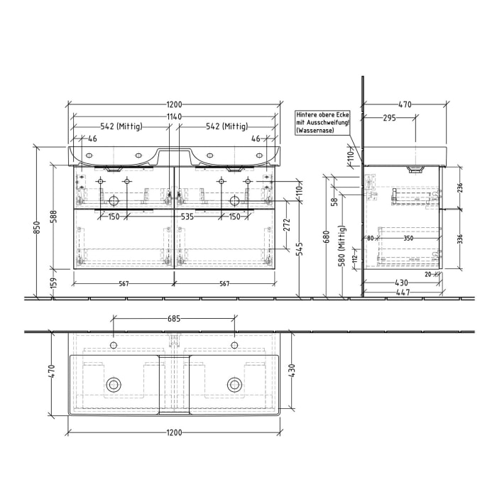 Sanipa 3way Waschtischunterbau für Keramik-Waschtisch Dura Square 120 cm, 4 Auszüge mit Push to open