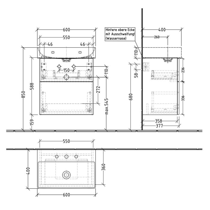 Sanipa 3way Waschtischunterbau für Keramik-Waschtisch Dura Square 60 cm, 2 Auszüge mit Push to open, geringere Tiefe