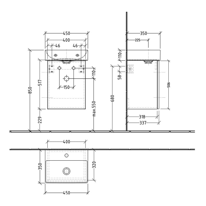Sanipa 3way Waschtischunterbau für Keramik-Waschtisch Dura Square 45 cm, 1 Tür, Anschlag links, mit Push to open