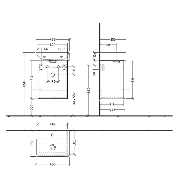 Sanipa 3way Waschtischunterbau für Keramik-Waschtisch Dura Square 45 cm, 1 Tür, Anschlag rechts, mit Push to open