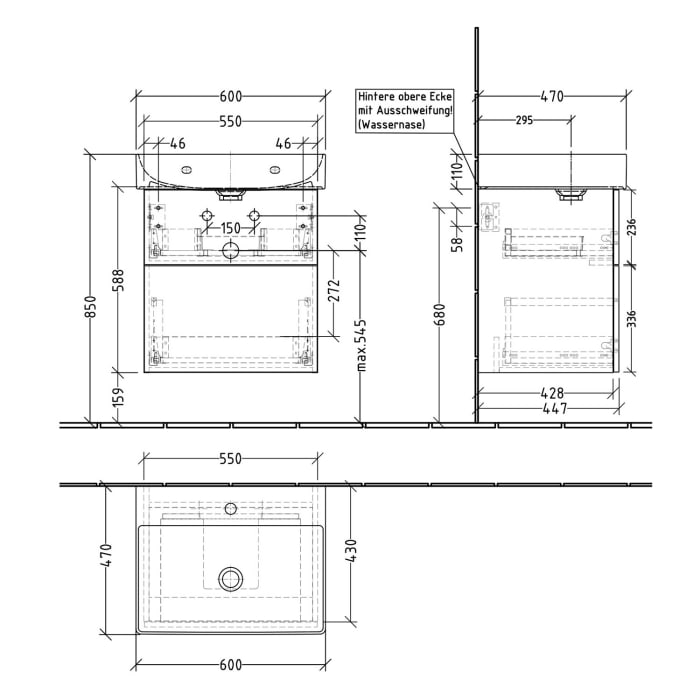 Sanipa 3way Waschtischunterbau für Keramik-Waschtisch Dura Square 60 cm, 2 Auszüge mit Push to open
