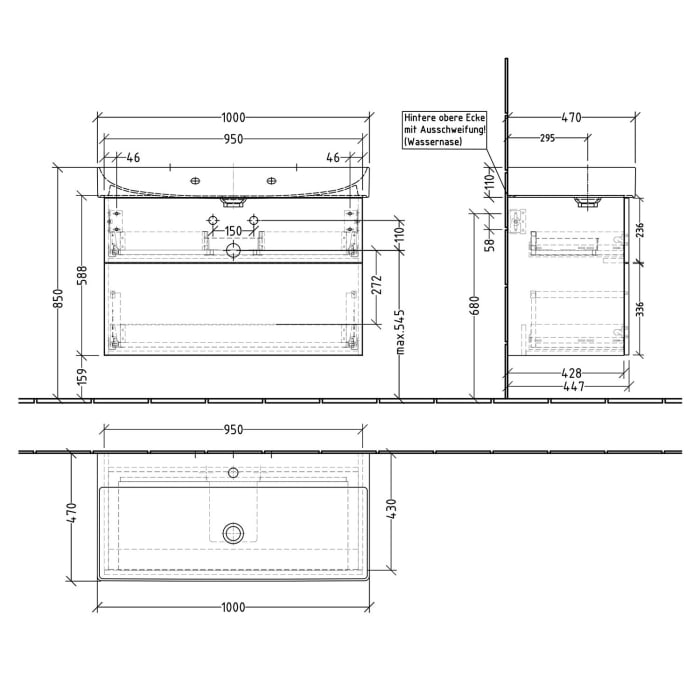 Sanipa 3way Waschtischunterbau für Keramik-Waschtisch Dura Square 100 cm, 2 Auszüge mit Push to open