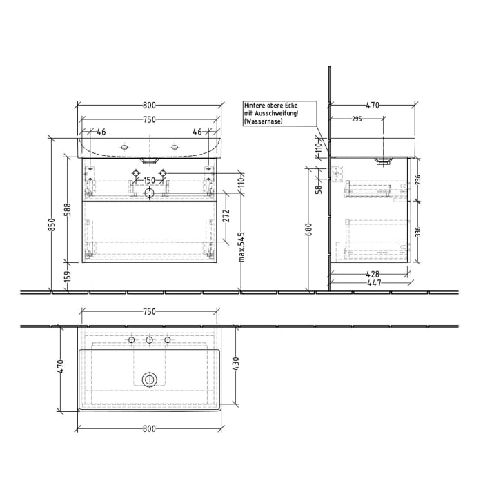 Sanipa 3way Waschtischunterbau für Keramik-Waschtisch Dura Square 80 cm, 2 Auszüge mit Push to open