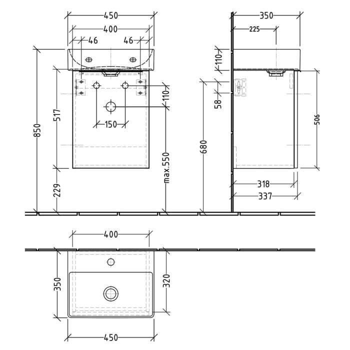 Sanipa 3way Waschtischunterbau für Keramik-Waschtisch Dura Square 45 cm, 1 Tür, Anschlag links, mit Aufsatzgriff
