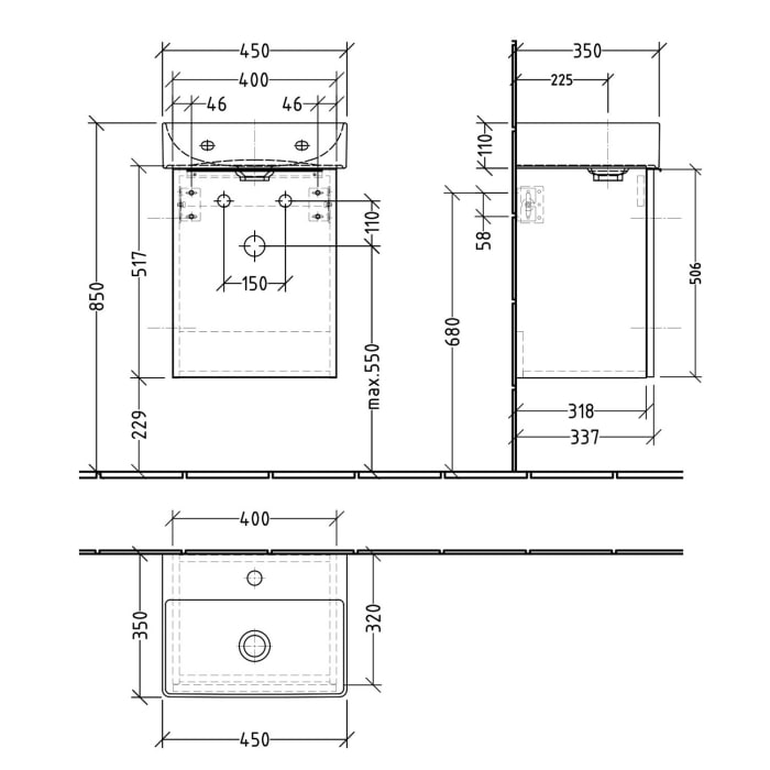 Sanipa 3way Waschtischunterbau für Keramik-Waschtisch Dura Square 45 cm, 1 Tür, Anschlag rechts, mit Aufsatzgriff
