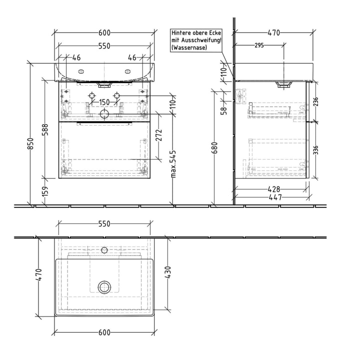 Sanipa 3way Waschtischunterbau für Keramik-Waschtisch Dura Square 60 cm, 2 Auszüge mit Aufsatzgriff