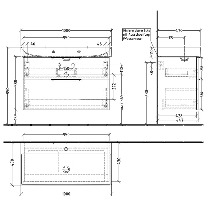 Sanipa 3way Waschtischunterbau für Keramik-Waschtisch Dura Square 100 cm, 2 Auszüge mit Aufsatzgriff