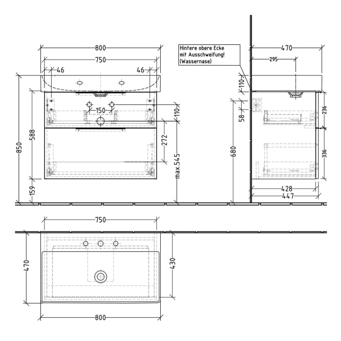 Sanipa 3way Waschtischunterbau für Keramik-Waschtisch Dura Square 80 cm, 2 Auszüge mit Aufsatzgriff