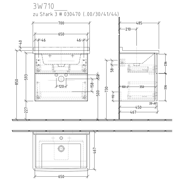 Sanipa 3way Waschtischunterbau für Keramik-Waschtisch Starck 3 70 cm, 2 Auszüge mit Griffleisten